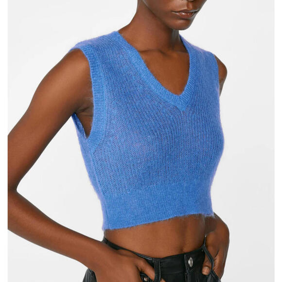 FRAME Sweater Top Small Shrunken Mohair Vest Blue Cropped Knit V-Neck Orig $255 - Picture 8 of 9